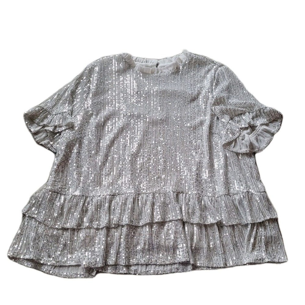 Andree By Unit Silver Sequin Tiered Ruffle Babydoll Top Plus Size 1X